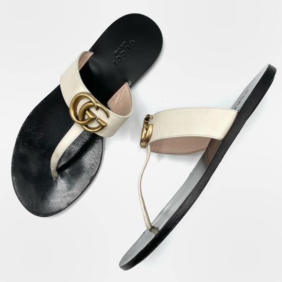 Gucci Black & White Leather Double G Marmont Logo Thong Flip Flop Flats Sandals - Picture 1 of 13